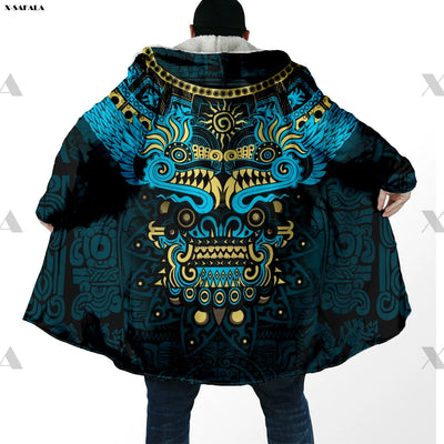 Mexico Aztec Quetzalcoatl Skull 3D Print Hoodie Long Fur Collar