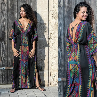 Chic Ladies Dresses Mexican Print V Neck Slit