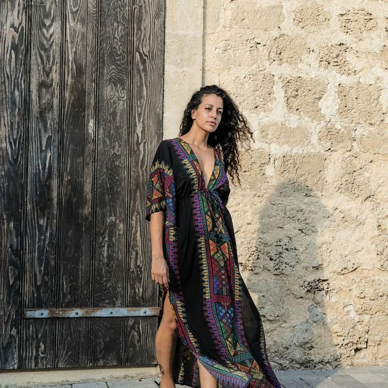 Chic Ladies Dresses Mexican Print V Neck Slit