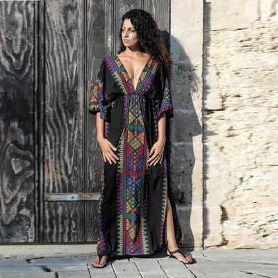 Chic Ladies Dresses Mexican Print V Neck Slit