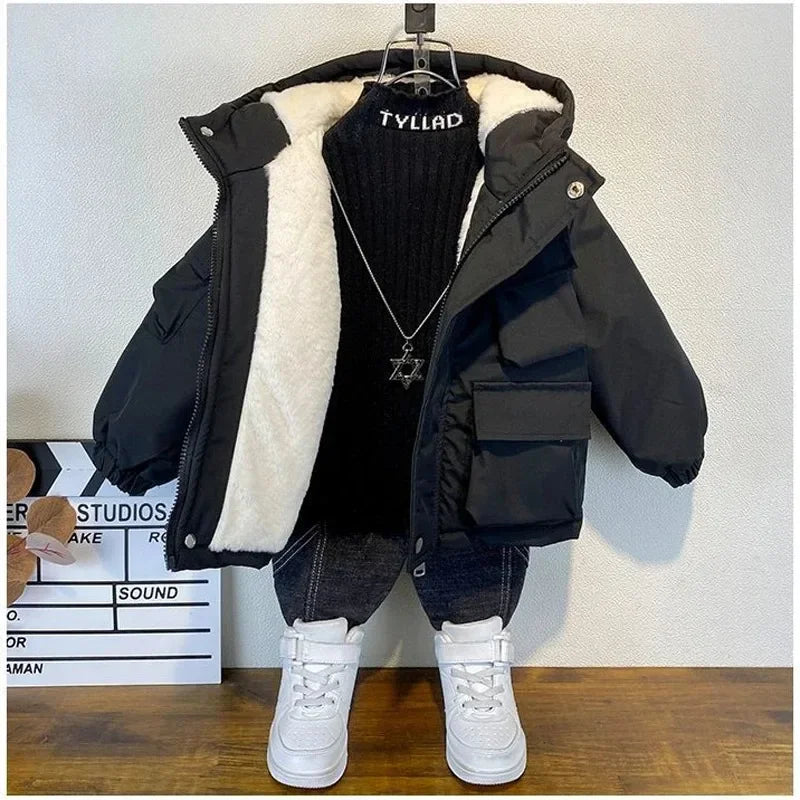 Winter Down Cotton Jacket Boys Black Hooded