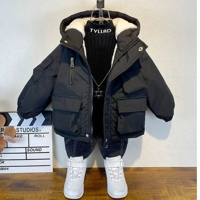 Winter Down Cotton Jacket Boys Black Hooded