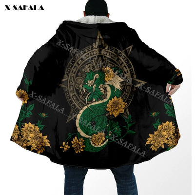 Mexico Aztec Quetzalcoatl Skull 3D Print Hoodie Long Fur Collar