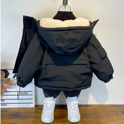 Winter Down Cotton Jacket Boys Black Hooded