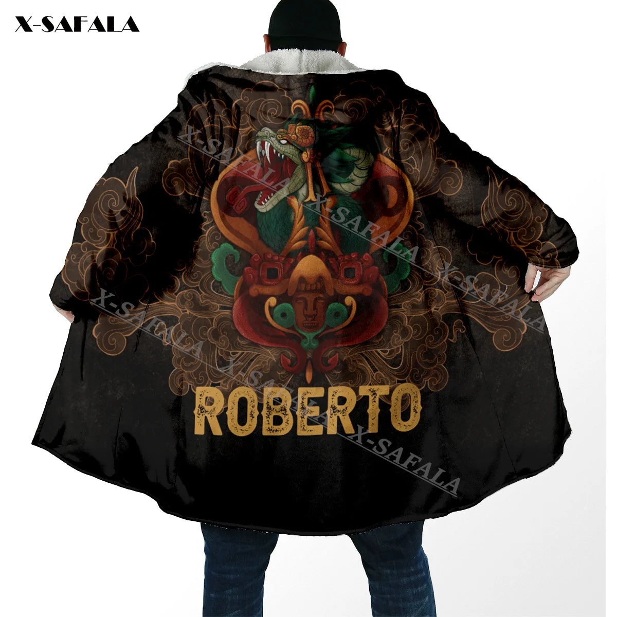 Mexico Aztec Quetzalcoatl Skull 3D Print Hoodie Long Fur Collar