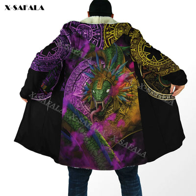 Mexico Aztec Quetzalcoatl Skull 3D Print Hoodie Long Fur Collar