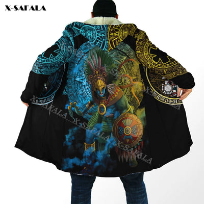 Mexico Aztec Quetzalcoatl Skull 3D Print Hoodie Long Fur Collar