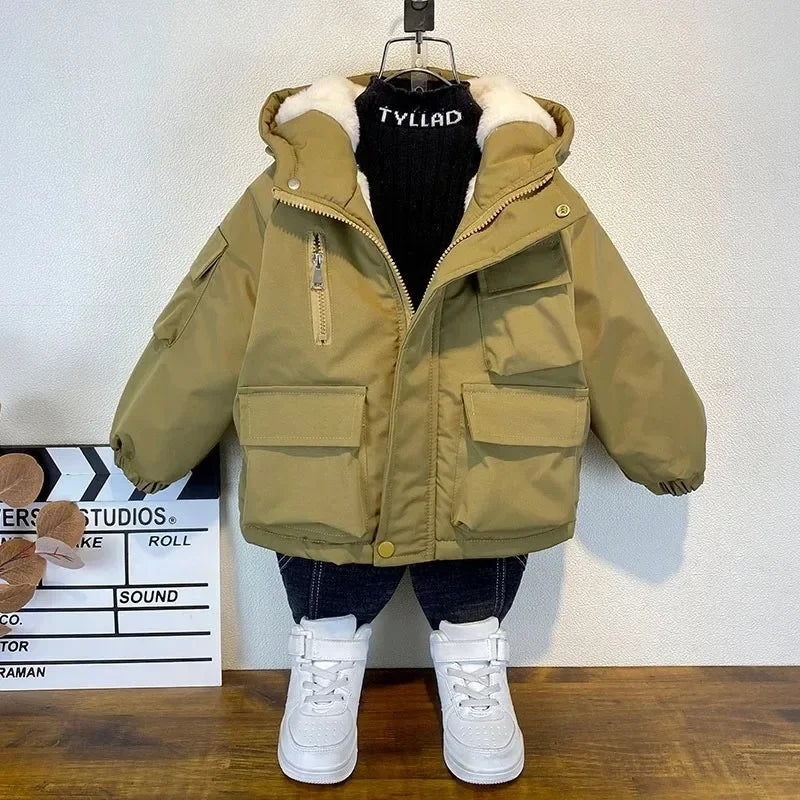 Winter Down Cotton Jacket Boys Black Hooded